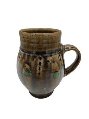 Drip Glaze Mug 28 Oz Handmade Kris Busch Artist Signed Green Brown Stoneware